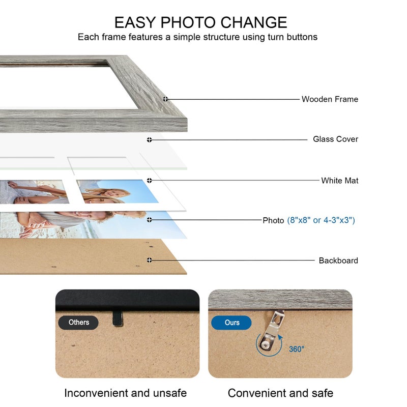 Hongkee مجموعة إطارات صور Hongkee مقاس 8 × 8 مكونة من قطعتين، مع إطارات زجاجية وخشبية رمادية، وإطار عرض مجمع بأربع فتحات مقاس 3 × 3 مع حصيرة أو 8 × 8 بدون حصيرة للتعليق على الحائط أو سطح الطاولة - Image 3
